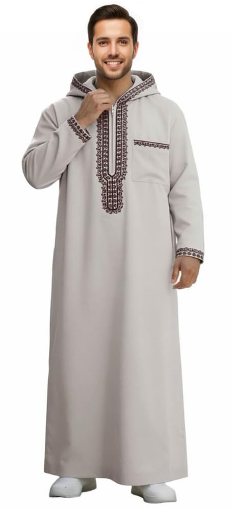 Men's Hooded Thobe - Traditional Embroidered Muslim Islamic Kaftan, Half-Zip Middle Eastern Arabic Robe - color: Beige, size: X-Large