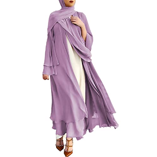 IWEMEK Women Chiffon Muslim Dress Middle East Arabian Robe Islamic Open Front Abaya Long Sleeve Flowy Maxi Cardigan Dress - color: Purple, size: Large