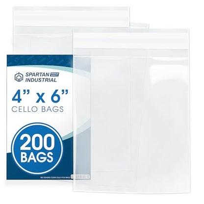 4" X 6" Self-Sealing Cellophane Bags (200 Count) 4X6 Clear Cookie Bags | With Seal for Decorated Cookies, Candy, Bakery Treats - Resealable Adhesive Flap, Reinforced Sides - Spartan Industrial - size: 4" X 6"