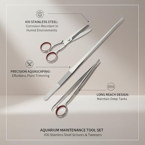 Aquarium Maintenance Tool Set - 430 Stainless Steel Long Reach Scissors, Tweezers & Sand Shovel for Fish Tanks - size: 18.9 x 0.98 x 0.31 in