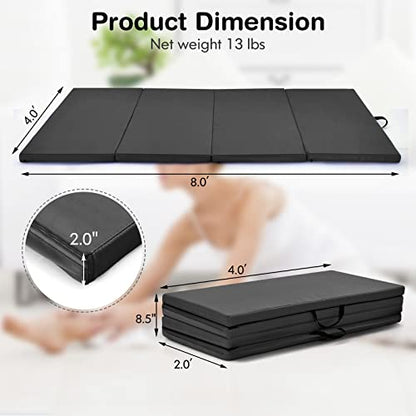 GYMAX Gymnastics Mat, 4 FT x 8 FT x 2 Inches Folding Exercise Mat w/Carry Handles & Sturdy Stitching Waterproof Cover, Tumbling Mat for Yoga Stretching Martial Arts Home Gym - color: Black