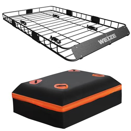 WEIZE 54" x 34" Heavy Duty Roof Rack Basket, 200LBS Universal Rooftop Cargo Basket with Waterproof Bag, Cargo Net & Tie Down Straps, Steel Luggage Holder for Car SUV Truck - size: 54" x 34" x 6"