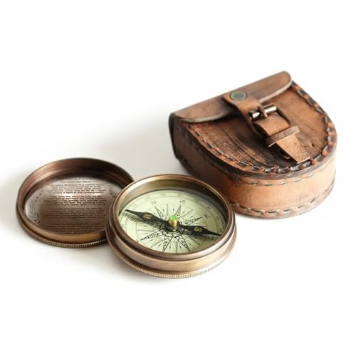 Antiqued Brass Poem Compass with Leather Case Rustic Vintage Home Decor Gifts