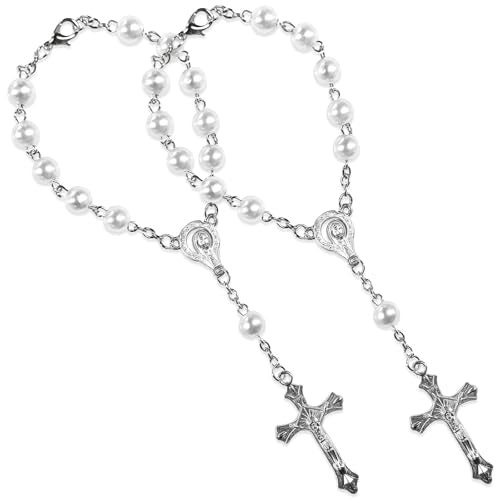 2 PCS Rosary for Rearview Mirror, Religious Cross Bead & Medal Car Rear View Mirror Hanging Ornament, Personalized Rosary Pendant Christian Auto Decoration for Women Men (White) - color: White