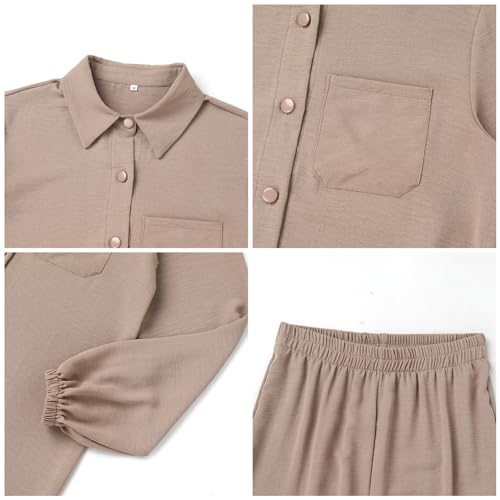 Women's Muslim 2 Pieces Sets Long Sleeve Button Down Shirt and Pants Abaya Casual Dress Dubai Outfits - color: Khaki, size: 3X-Large