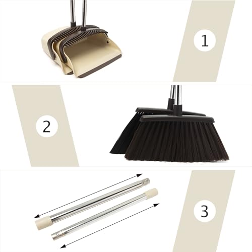Broom and Dustpan Combo Set,55" Long Handle,Beige | Heavy Dust,Dustpans with Broom Combo,House Accessories for Home, Kitchen,Office,Classroom,Apartment,Pet Hair - color: Beige