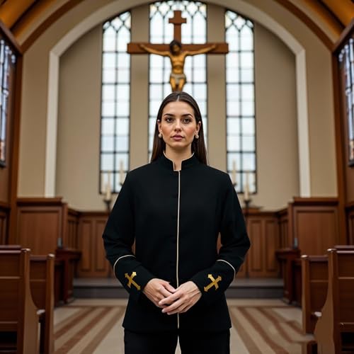 FAD-4U Women Long Sleeves Clergy Coat with Stand Up Collar Button Down Pastor Clergy Dresses - color: Black a, size: XX-Large