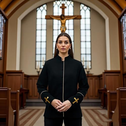 FAD-4U Women Long Sleeves Clergy Coat with Stand Up Collar Button Down Pastor Clergy Dresses - color: Black a, size: XX-Large