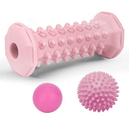 Pink Foot Massager Roller Set for Plantar Fasciitis, Arch&Heel Pain Relief | Includes Foot Roller, lacrosse and spiky massage balls for deep tissue trigger point muscle therapy and neuropathy relief - color: Pink Combination