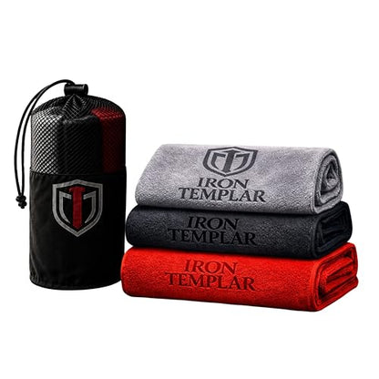 Gym Towel 3-Pack, Templar Endurance Microfiber – Quick Dry Sports Towels (Black, Red, Gray) – 29.5” x 13.8” Workout, Travel & Outdoor Performance Towels