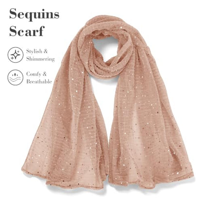 Sequin Scarf for Women Lightweight Mesh Shawl Wrap Bandana Hijab Headscarf for Summer Evening Dress - color: Lightnude