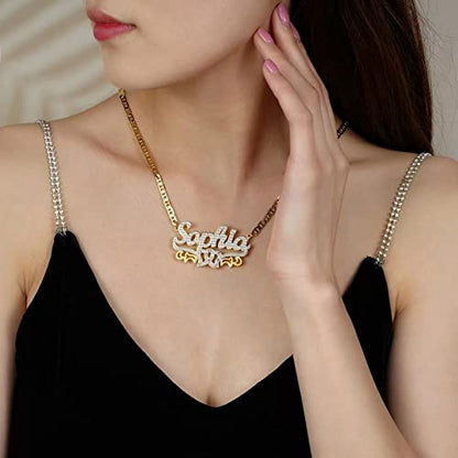 Custom Name Necklace Double Plated Name Necklace Personalized Name Plate Necklaces Name Necklaces for Women 18k Gold Plated Nameplate Pendant - color: Style 52