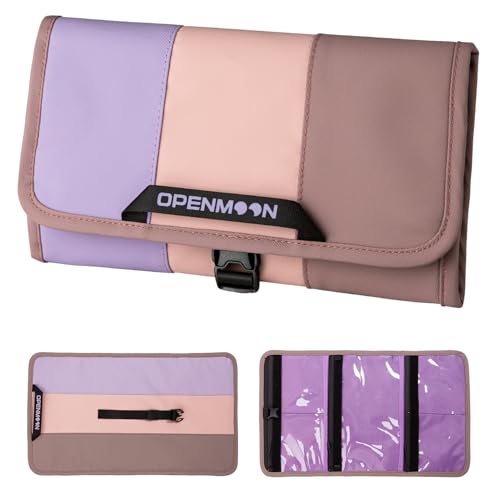 OPENMOON Multi-Purpose Storage Bag, Tri-Fold Design, 5 Compartments, Splash-Proof, for Cables, Toiletries, Makeup (Purple+Pink) - color: Purple+Pink