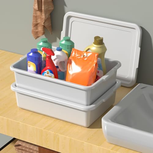 13 L Bus Tub with Lid, Commercial Food Service Bus Tubs, 3 Packs | Light Gray Plastic utility Bus Boxes for Restaurant - size: 13 L with Lid