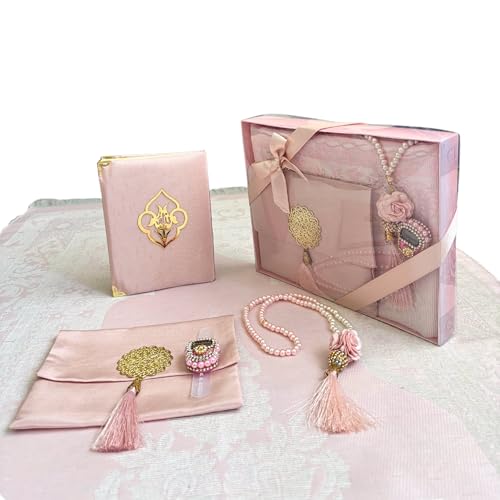 Prayer Mat Set for Women, Muslim Prayer Rug, Prayer Mat, Islamic Finger Counter, Prayer Beads, Surah Book with Bag, Islamic Gift Set for Ramadan & Eid (Pink)