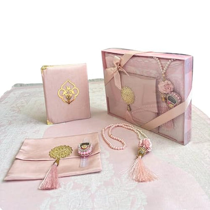 Prayer Mat Set for Women, Muslim Prayer Rug, Prayer Mat, Islamic Finger Counter, Prayer Beads, Surah Book with Bag, Islamic Gift Set for Ramadan & Eid (Pink)