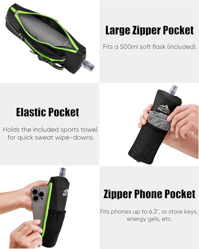Zelvot Running Water Bottle Hand with 500ml Soft Flask, Handheld Water Bottle Running with Sport Towel, BPA Free Hand Held Soft Flask with Adjustable Hydration Pack for Runners (Green, 500 ML) - color: Green