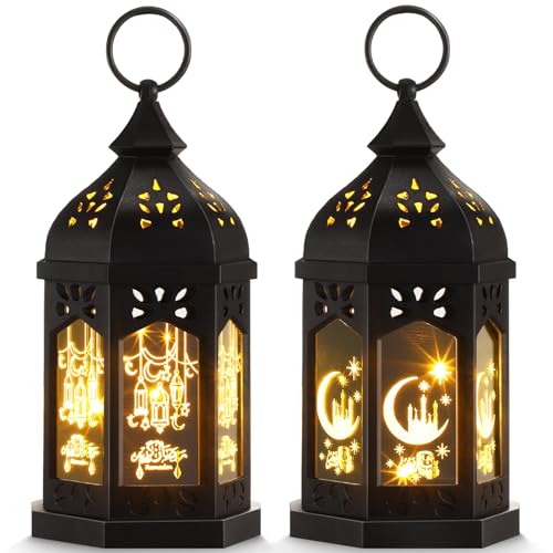 Retisee 2피스 17.8cm(7인치) 라마단 대형 이드 무바라크 랜턴 문 스타 벽걸이 LED 랜턴 홈 파티오 테이블 웨딩 센터피스 축제 장식용 (2가지 스타일, 블랙) - color: 블랙., size: 2 Styles