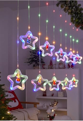 100L Christmas Star Curtain Lights with Decorative Ornaments - 10 Star Hanging Loop Lights, 0.4/0.6m Height, 2m Power Cord, Perfect for Christmas Decoration, Suitable for Everyone