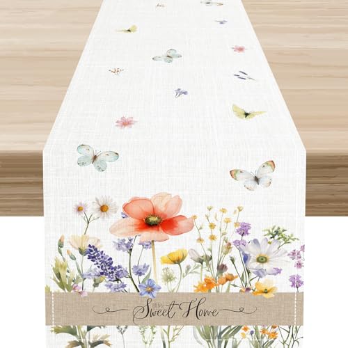 Wildflower Table Runner, Spring Summer Seasonal Butterfly Flower Boho Farmhouse Home Kitchen Dining Table Decoration 13"x36" - color: Tr-wildflower03, size: 13x36" Table Runner