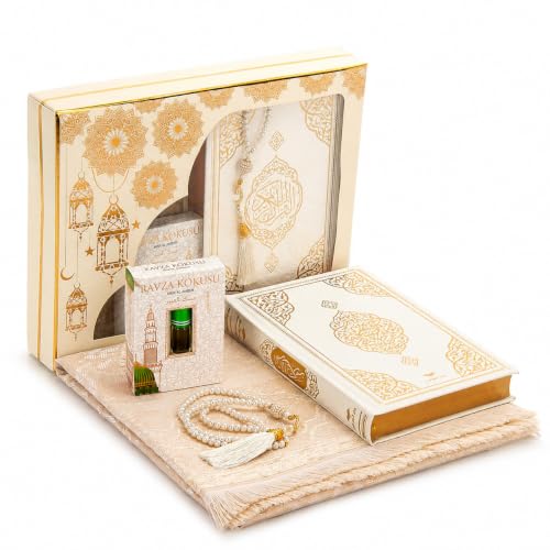 ihvan online Prayer Gift Box for Hajj and Umrah, Muslim Prayer Rug, Islamic Mat, 99 Pearly Prayer Beads Tesbih, Holy Quran, Islamic Deluxe Set for Ramadan & Eid Gift, White/Set 2 - color: White / Set 2