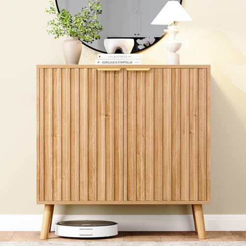 Set of 2 Fluted Storage Cabinet, Buffet Cabinet with Storage, Wood Sideboard with Adjustable Shelf, Modern Accent Cabinet & Console Table for Entryway, Living Room, Dining Room, Natural - color: Natural, size: 2 Pieces