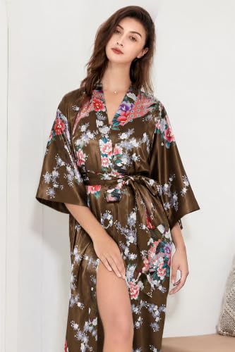 BABEYOND Women's Kimono Robe Long Satin Robes with Peacock and Blossoms Printed Kimono Nightgown - color: Coffee, size: One Size