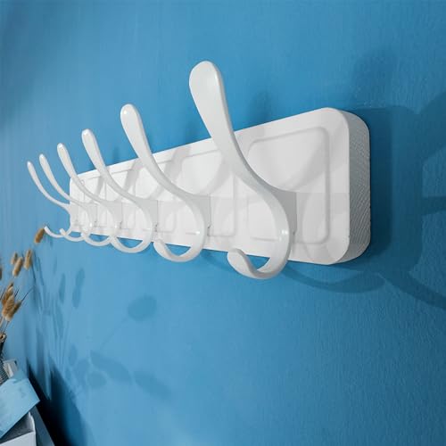 SKOLOO Coat Rack Wall Mount - Scandi-Style Wooden Carved-Block Coat Hook,Pack of 2, Wall Coat Hanger with 6 Hooks for Hanging Coats, Hats, Clothing, Scarfs, White - color: Allwhite