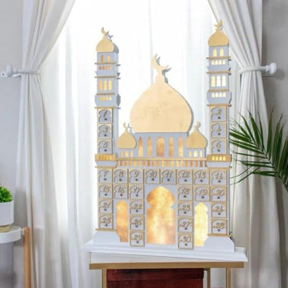 HiyyFloy Wooden Ramadan Advent Calendar Eid Mubarak Countdown Calendar Ramadan 30 Day Castle Advent Calendar Ornament with Led Light for Muslim Islam Home Decor
