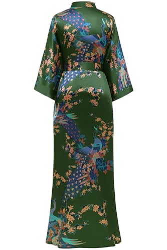 BABEYOND Women's Kimono Robe Long Satin Robes with Peacock and Blossoms Printed Kimono Nightgown - color: Bronze Green, size: One Size