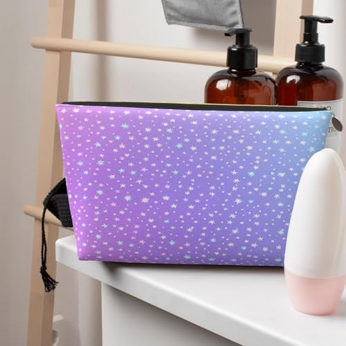 Leather Makeup Bag for Purse, Waterproof Small Toiletry Bag with Zipper, Cute Cosmetic Bags for Women, Pink Blue Purple with Tiny Stars Travel Pouch - color: Pink Blue Purple With Tiny Stars