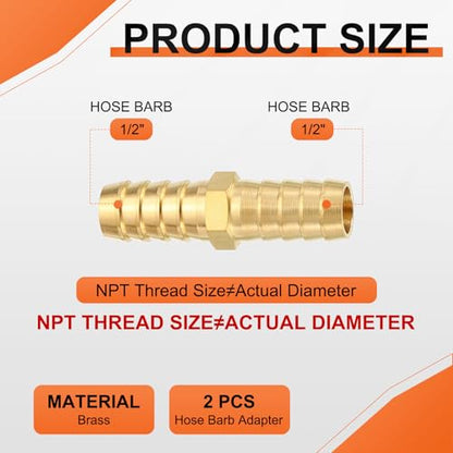 2 Pack Brass Hose Barb Adapter, 1/2" Barb To 1/2" for Industrial, Automotive, Fluid Transfer, Home Gardening, and Water Treatment - size: 1/2" Barb To 1/2"