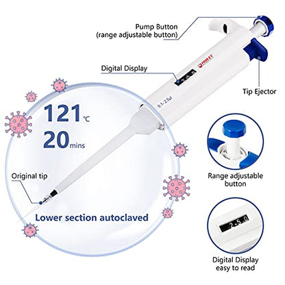 FOUR E'S SCIENTIFIC 0.1-2.5μL Pipette, Adjustable Volume Micropipette | Single-Channel Pipettor, Ergonomic Design, Precise Volume Dial - size: 01 (0.1-2.5uL)