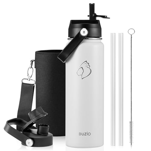 BUZIO 24 oz Water Bottle Insulated, Leakproof Stainless Steel Flask (Cold for 48 Hrs), Wide Mouth BPA-Free Metal Thermo Hydro Canteen with 2 Lids, White - color: White, size: 24 Ounces