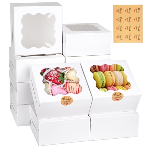 WINKIO 12 Pieces Cookie Boxes with Window, 6×6×3 Inches Treat Boxes for Bakery Dessert Pastry Mini Cake Favor Donut Baked Goods (White, with Stickers) - color: white, size: 6×6×3 inches