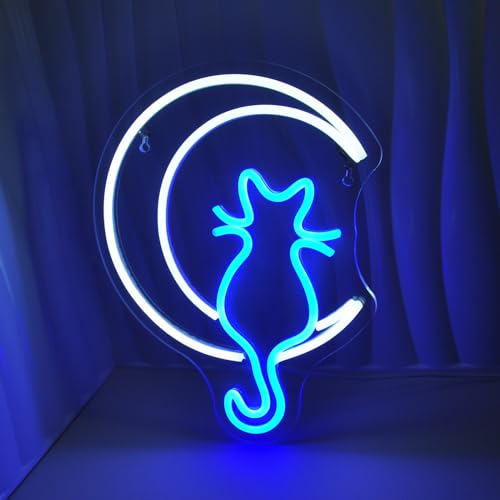 JEDAEMEN Moon Cat Neon Signs for Wall Decor White Blue LED Sign Neon Lights - color: A-Moon Cat