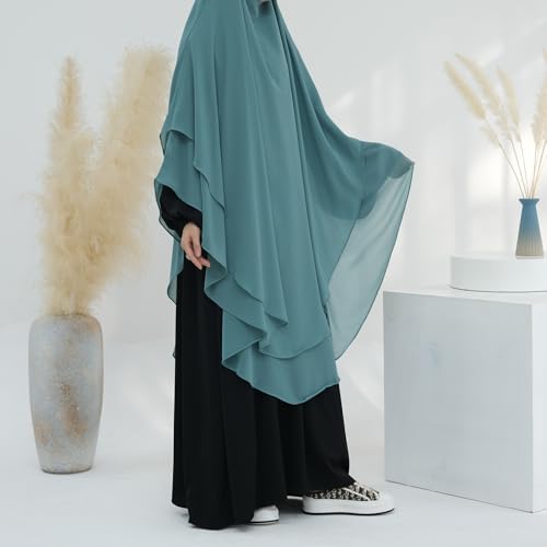 SYANKANGXIAO Ramadan Eid Khimar Abaya Turkey Islam Muslim Chiffon 2 Layers Long Hijab Dress Prayer for Women Full Cover Robe - color: Grey Blue