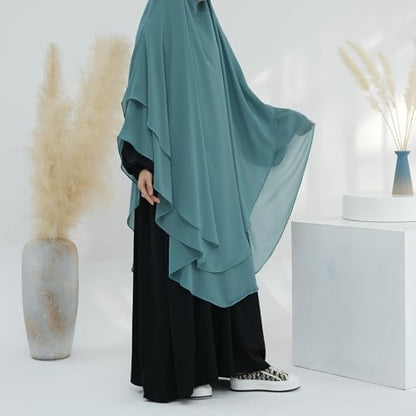 SYANKANGXIAO Ramadan Eid Khimar Abaya Turkey Islam Muslim Chiffon 2 Layers Long Hijab Dress Prayer for Women Full Cover Robe - color: Grey Blue