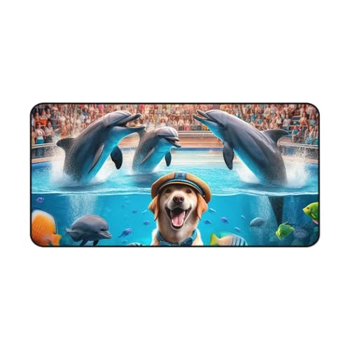 Dog Training Dolphins at an Aquarium - Vibrant Colors Rubber Base Smooth Surface Premium Desk Mat - size: 16" × 32"