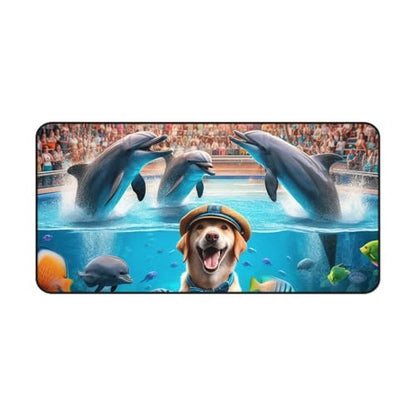 Dog Training Dolphins at an Aquarium - Vibrant Colors Rubber Base Smooth Surface Premium Desk Mat - size: 16" × 32"