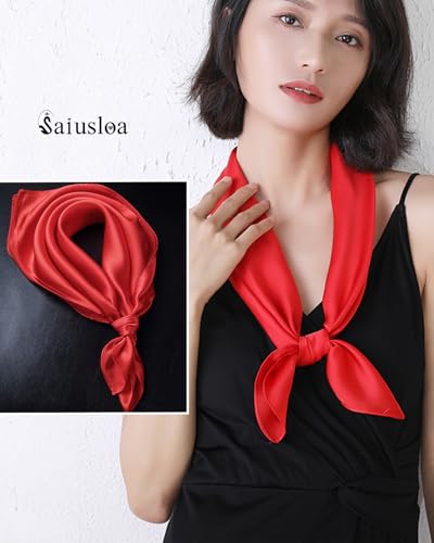 Saiusloa Solid Color Neck Scarf For Women Square Satin Head Scarves headband Bandanas 23.6× 23.6 inches - color: 3-red