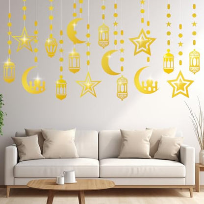 16pcs Ramadan Decorations Gold Star Moon Lantern Garland Pre-Assembled Shining Hanging Ramadan Mubarak Eid Decorations Banner Streamer for Eid Mubarak Decor Home Party Supplies