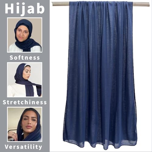 Harewom Muslim Hijab for Women Soft Stretch Headscarf Large Plain Turban Wrap Shawl Head Wrap for Everyday Wear - color: Deep Blue Hijab Headscarf