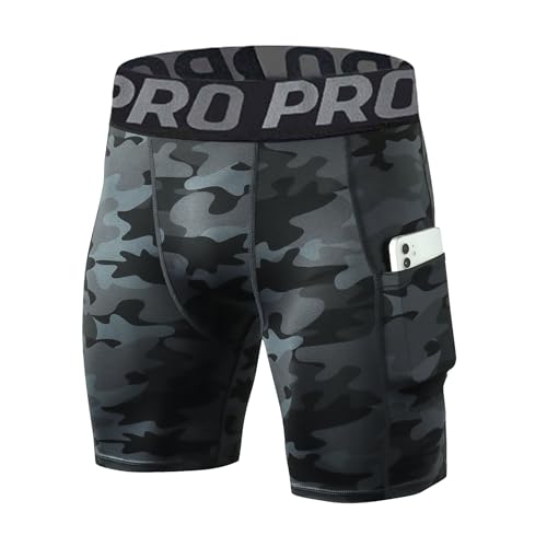 LANBAOSI Mens Compression Shorts with Phone Pocket Running Gym Yoga Athletic Tights Baselayer Summer Cool Dry Underwear Pack - color: Camo Black, size: Large