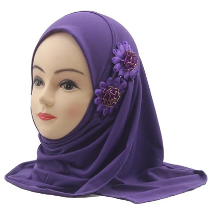Soft Instant Hijab for Kids Girls Muslim Headscarf Islamic Scarf Shawl Wrap with Flowers - color: Purple-2 Flowers
