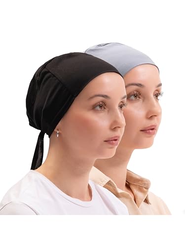 FabNest Women Hijab Undercap Islamic Muslim Under Scarf Hats Bonnet with Tie Back Non-Slip Breathable and Snug-Fit - color: Black + Gray (2pcs)