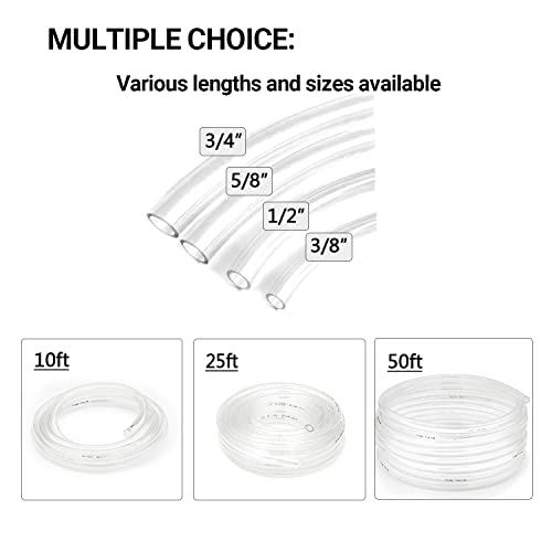 Clear Vinyl Tubing 5/8" ID × 13/16" OD -25 Ft 60PSI | Flexible Plastic Tube,BPA Free Non-Toxic, Multipurpose Hybrid Clear Reinforced Tubing with 2 Screw Clamps - size: 5/8'', style: 25 feet