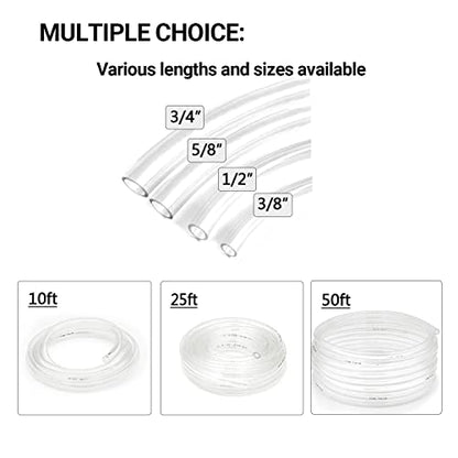 Clear Vinyl Tubing 5/8" ID × 13/16" OD -25 Ft 60PSI | Flexible Plastic Tube,BPA Free Non-Toxic, Multipurpose Hybrid Clear Reinforced Tubing with 2 Screw Clamps - size: 5/8'', style: 25 feet