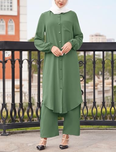 Women's Muslim 2 Pieces Sets Long Sleeve Button Down Shirt and Pants Abaya Casual Dress Dubai Outfits - color: Sage Green, size: Large