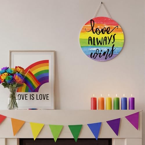 Smile Pride Month Love Always Wins Round Wooden Door Sign Rainbow Indoor & Outdoor Decorative Plaque LGBTQ+ Home, Porch & Patio Decor Gay Pride - style: Rainbow LGBT